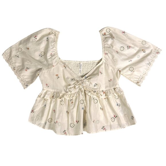 Cottagecore Eyelet Babydoll Top Floral Peasant Blouse American Eagle S - Picture 5 of 16